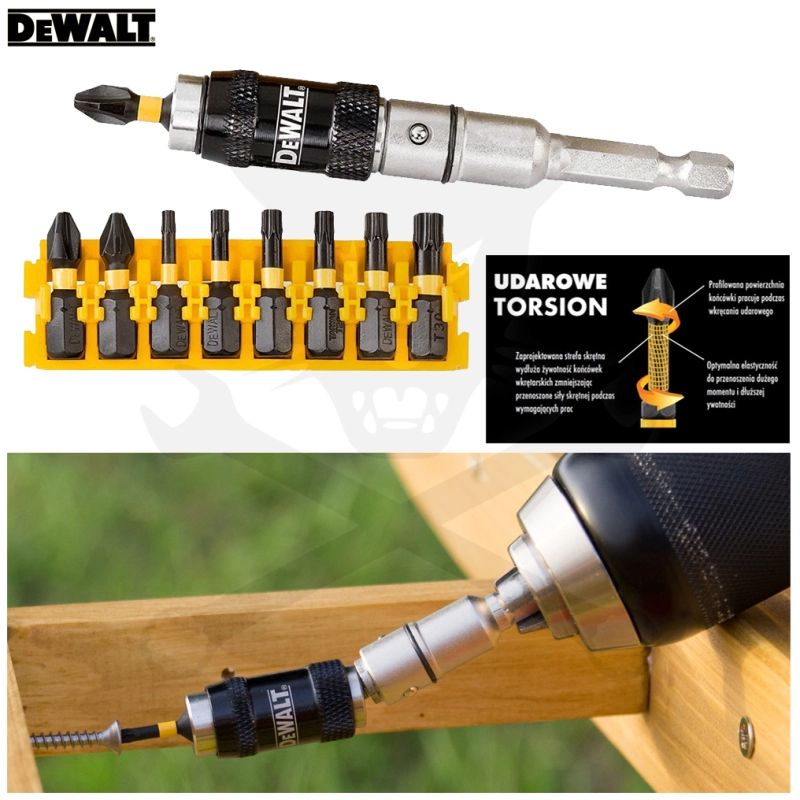 Bit tartó-csavarmegvezető, csuklós, mágn. + bithegyek 1/4" - DeWalt