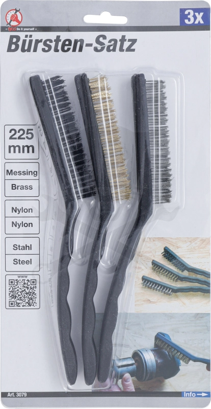 Drótkefe készlet 225 mm 3 db-os acél + réz + műanyag - Kraftmann