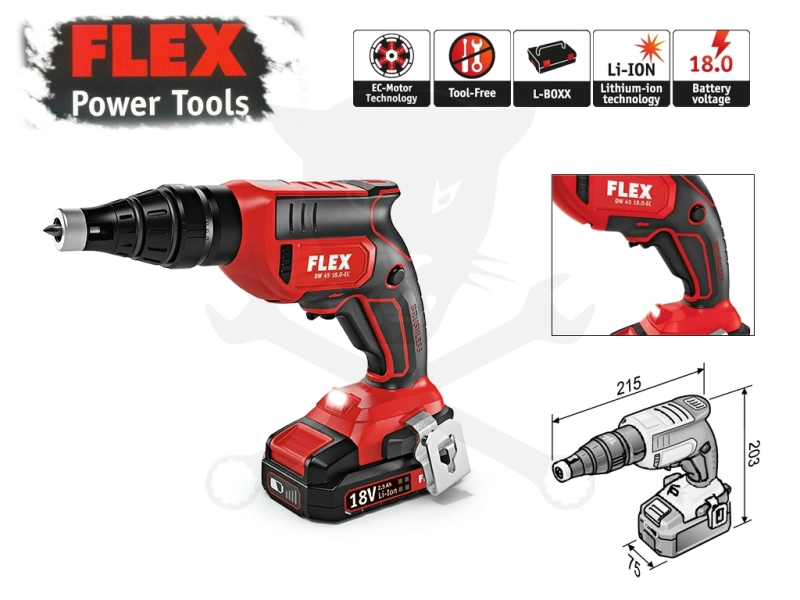 Gipszkarton csav 28Nm 1/4"-os 18V akku nélkül, kofferrel - FLEX (DW 45 18.0-EC)