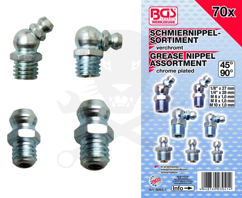 Zsírzógomb készlet 70 db-os 1/8" - 1/4" - M6x1.0 - M8x1.0 - M10x1.0 -BGS