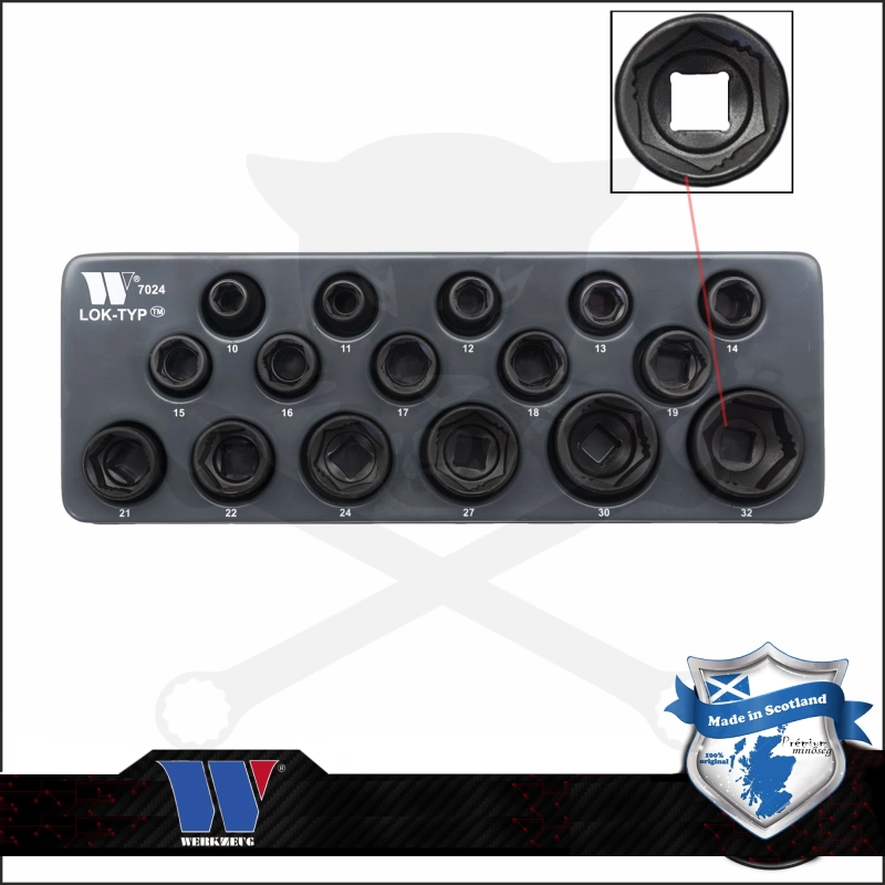 Lok-Typ Légkulcsfej készlet 1/2" 16 db-os spec.6 lap normál 10-32 mm-Welzh