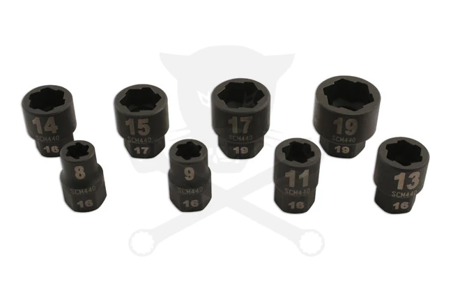 Csavarkiszedő készlet - sérült fejű csavarokhoz  8 db-os 8-19 mm 3/8"