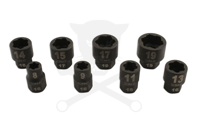 Csavarkiszedő készlet - sérült fejű csavarokhoz  8 db-os 8-19 mm 3/8"