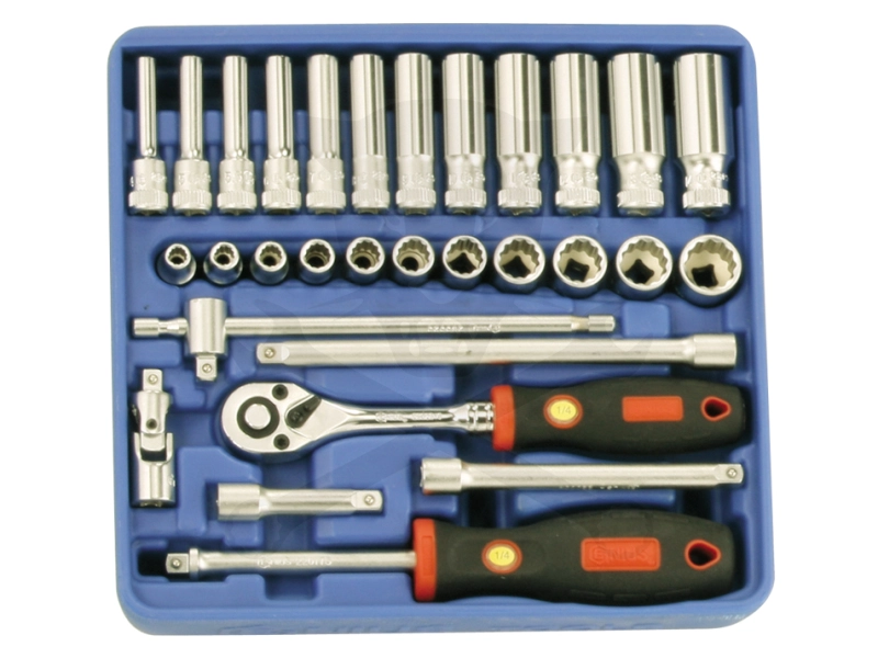Tálcás Genius dugókulcs készlet 12 szögű rövid+hosszú 1/4" 30 db-os - 1/6
