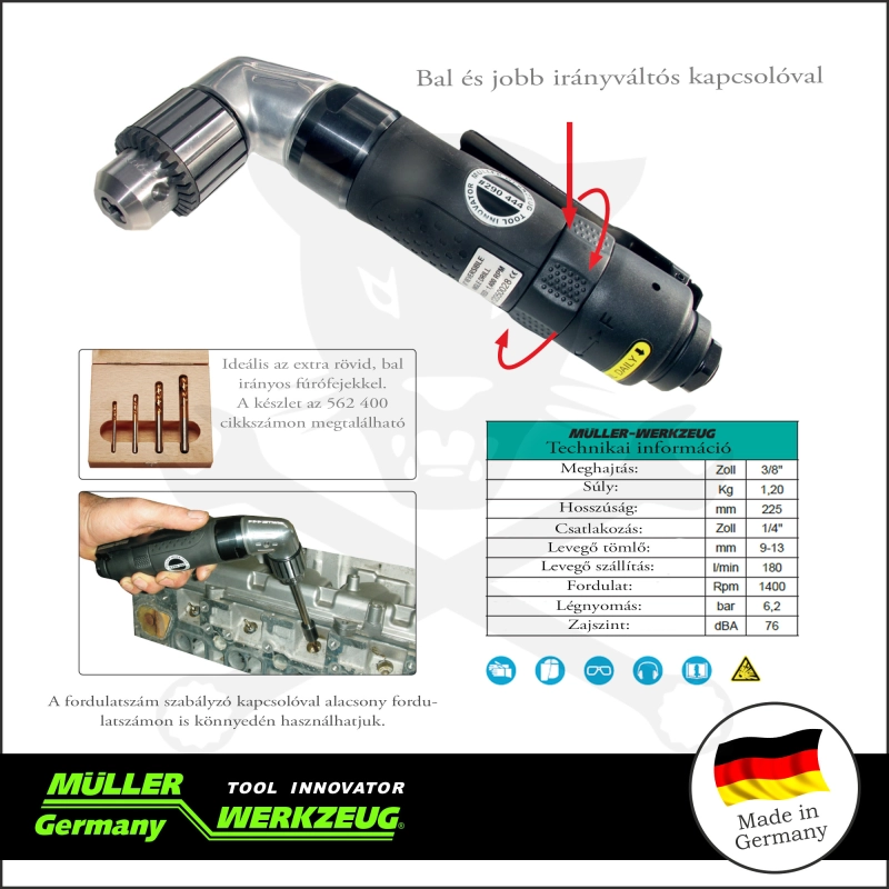 Levegős fúrógép - hajlított fejjel 3/8" - 1400 RPM 6,2 bar