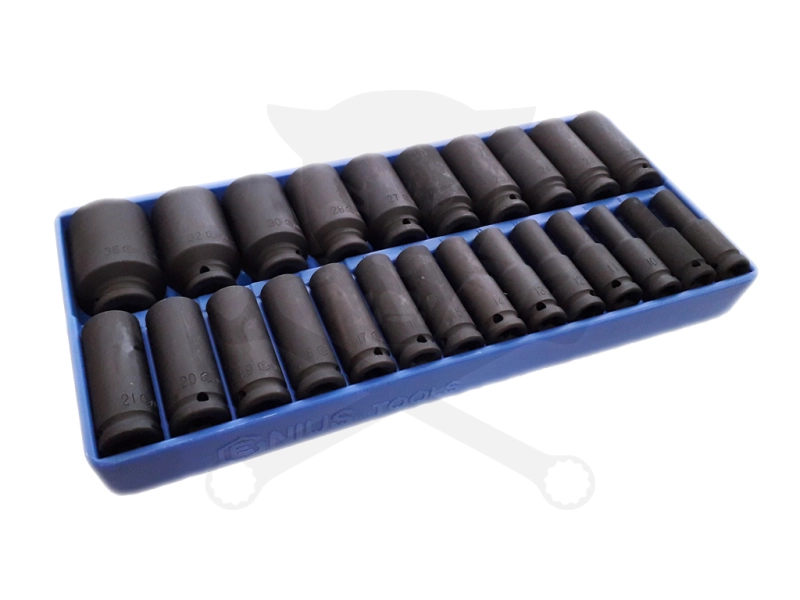 Tálcás Genius dugókulcs, gépi készlet 6 lapú hosszú 1/2" 24 db-os CRM-1/3