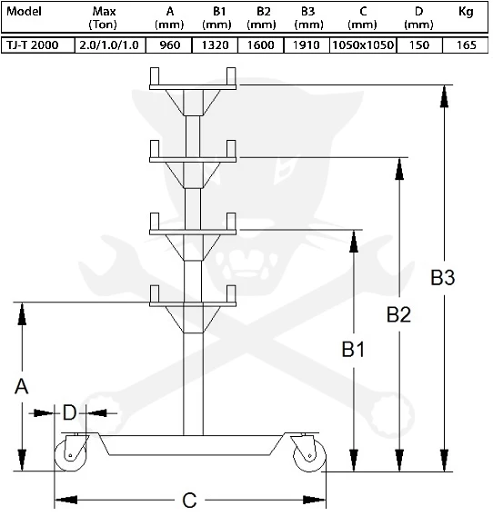 Váltótartó emelő hidraulikus 2 ton - tripla teleszkópos: 960-1910 mm