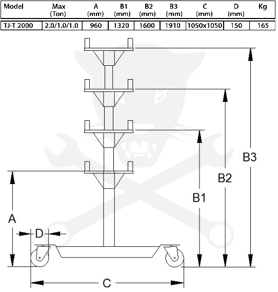 Váltótartó emelő hidraulikus 2 ton - tripla teleszkópos: 960-1910 mm