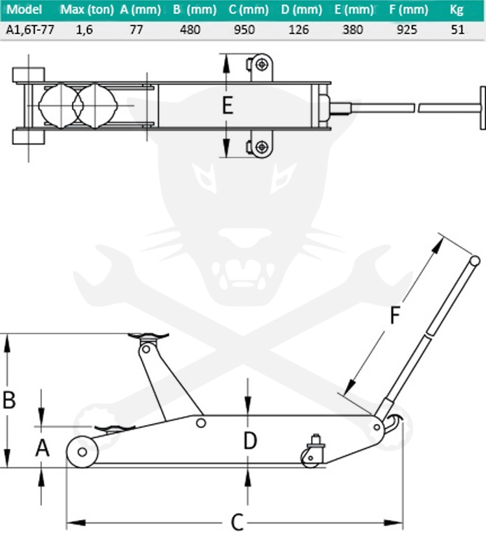 Emelő padló 1.6T krokodil - extra alacsony 77-480 mm LEVEGŐS KIVITEL (A1,6T-77)