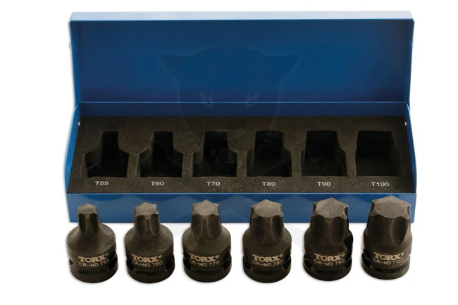 Légkulcsfej készlet 1/2" Torx T55-T100 -alacsony profil 6 db - Laser