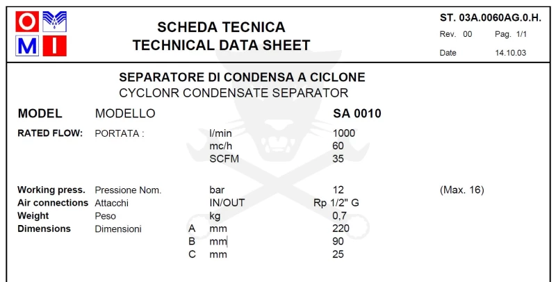 Levegő szűrő egység - Ciklonszeparátor 1000 liter/perc - SA 0010 (03A.00060AG.0)