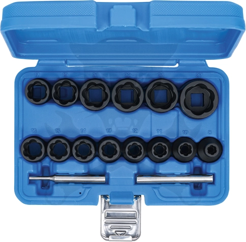 Kerékőr és sérült csavar leszedő dugófej készlet 8-27 mm 1/2" 14+2 db -BGS