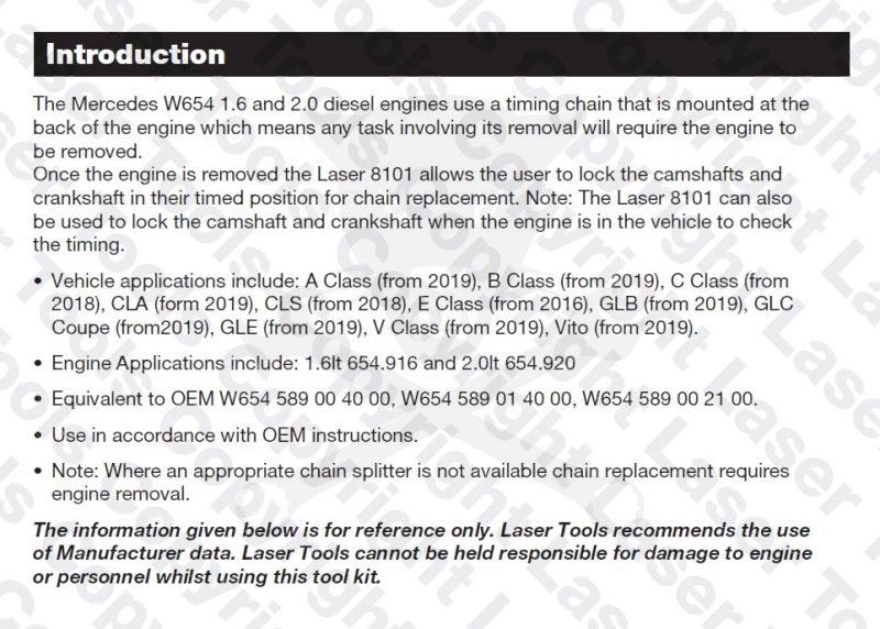 Vezérlésrögzítő készlet Mercedes W654 1.6/2.0 Liter Diesel - Laser