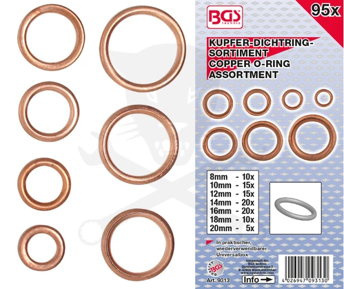 Tömítőgyűrű készlet réz  95 db-os rézalátét metrikus 8-20 mm