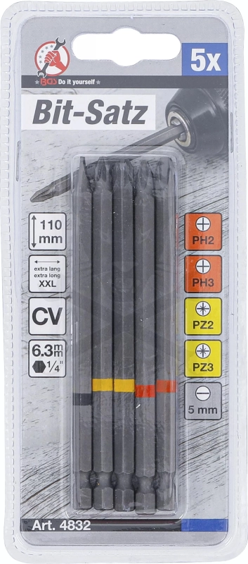 Bit készlet 5 db-os 1/4" 110 mm PH/PZ/SL - BGS