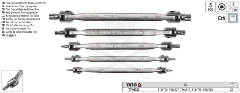 Torx csuklós külső készlet 5 db-os - 10 méret: T15 - T60 - YATO
