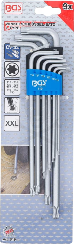 Torxkulcs "L" alakú készlet 09 db-os T10-T50 gömbvégű hosszított - BGS
