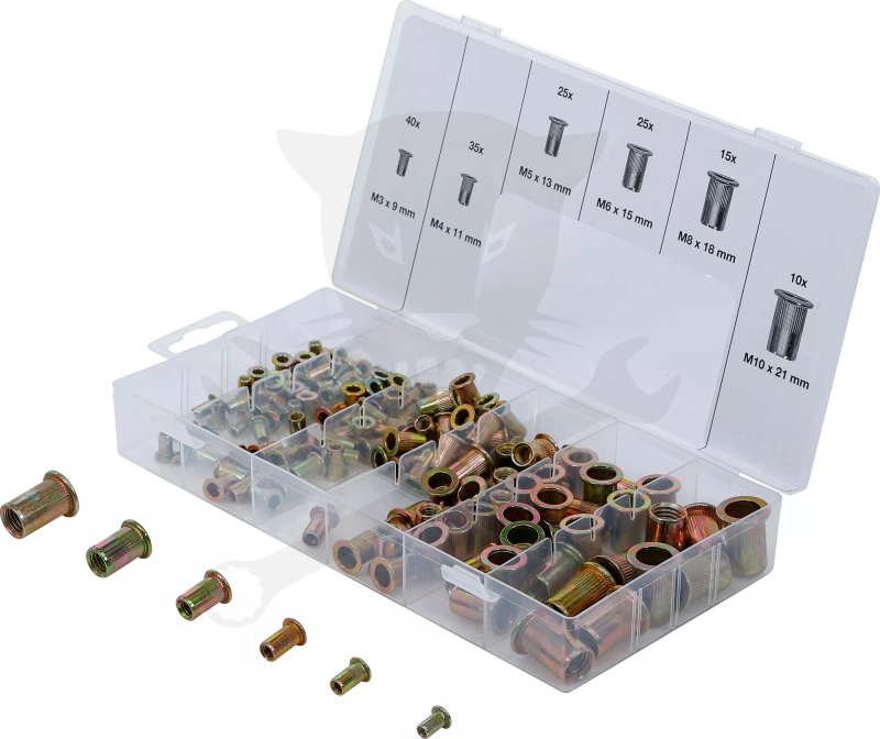 Szegecsanya készlet 150 db-os M3-M4-M5-M6-M8-M10 acél, rovátkolt - BGS
