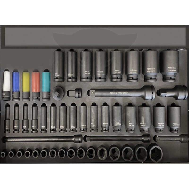 Tálcás SP Tools "XL" Gépi Dugókulcs készlet 1/2"-3/4" rövid+hosszú 46 db