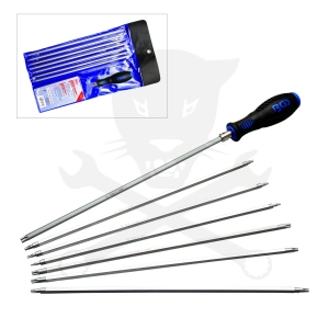 Csavarhúzó készlet extra hosszú 5 és 6 szögű furatos torx 7x2=14 méret